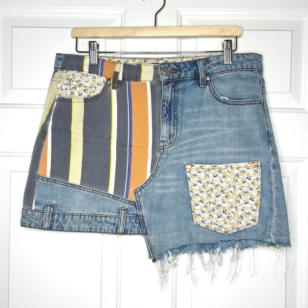 BDG Denim Mini Skirt Asymmetrical Patchwork Striped Floral‎ Size Large